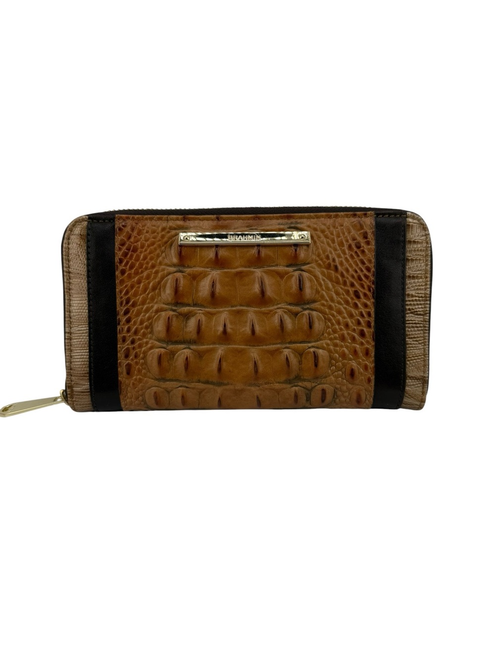 Brahmin Croc Embossed Leather Zip Wallet Brown Tan Black Colorblock Chic